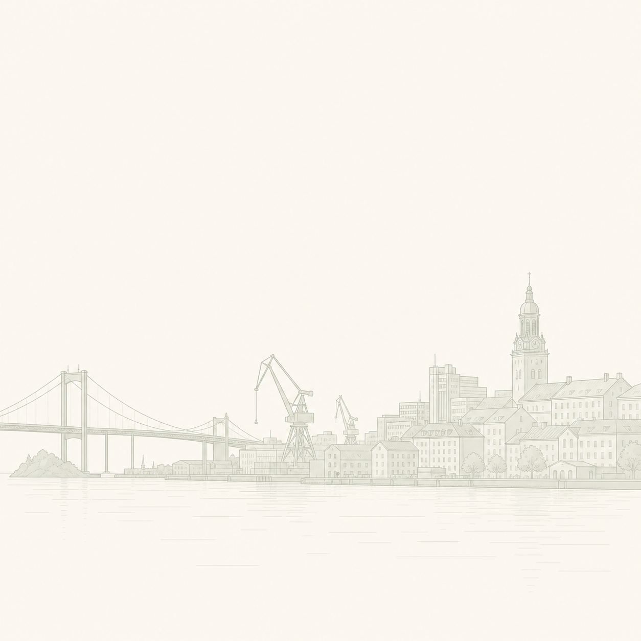Diskret linjesiluett av Göteborgs hamn och stad